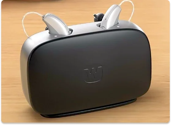 Hearing aids resting in a charging case