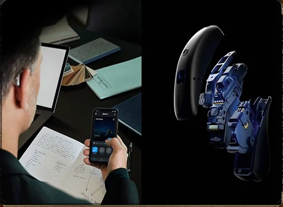 Man adjusting his hearing aid with a phone app, beside a hearing aid's internal components