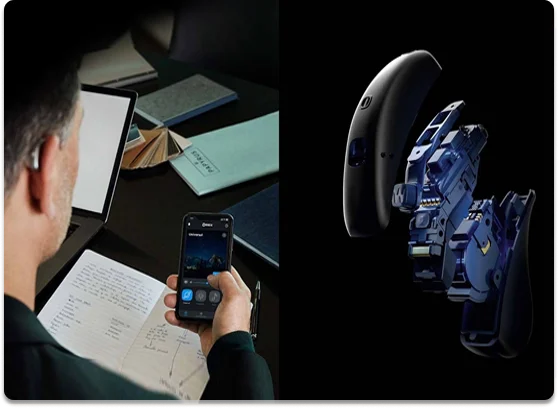 Man adjusting his hearing aid with a phone app