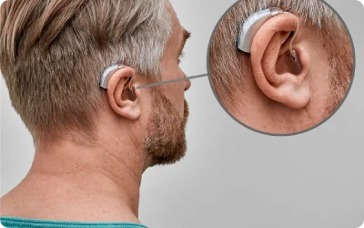 Man wearing a behind-the-ear hearing aid, with a close-up of the device
