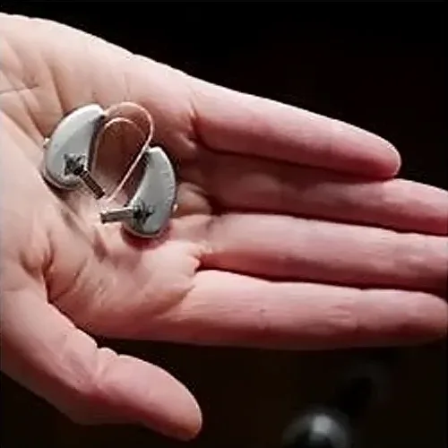 Pair of hearing aids in an open hand