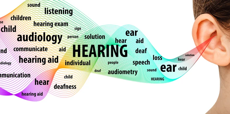 Sound waves carrying hearing-care words such as audiology, hearing aid and listening into an ear