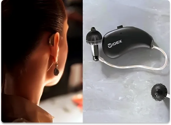 Woman wearing a hearing aid beside a Widex device