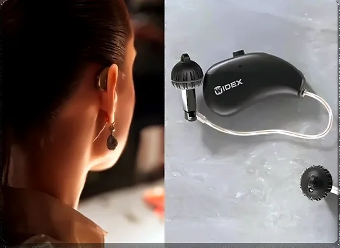 Woman wearing a receiver-in-canal hearing aid beside a Widex device